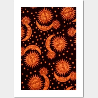 Orange Sun & Moon Pattern Posters and Art